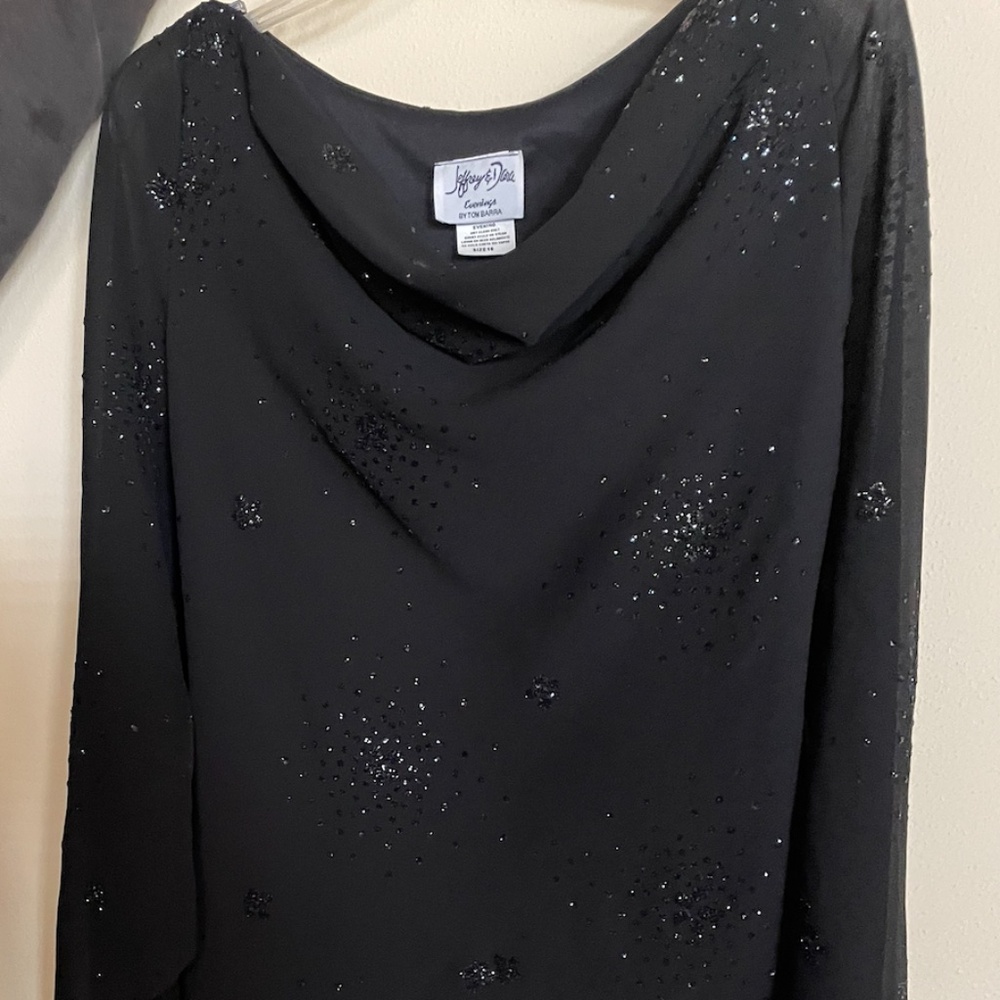 Jeffrey and Dara Evenings Black Sheer Scoop Neck Embellished Top